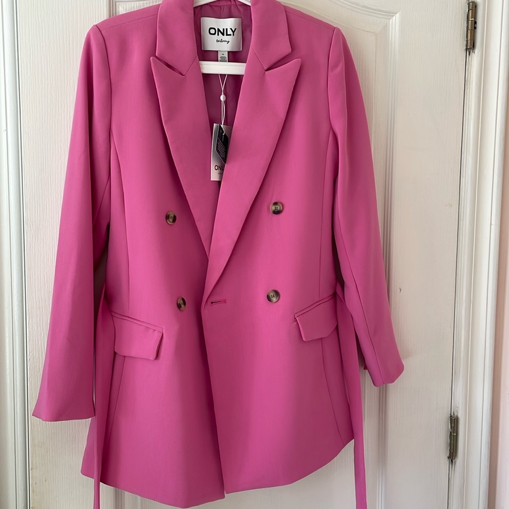 Pink long blazer with sash waist tie